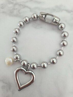 Silver Ball Chain Bracelet with Open Heart Charm and Pearl Accent